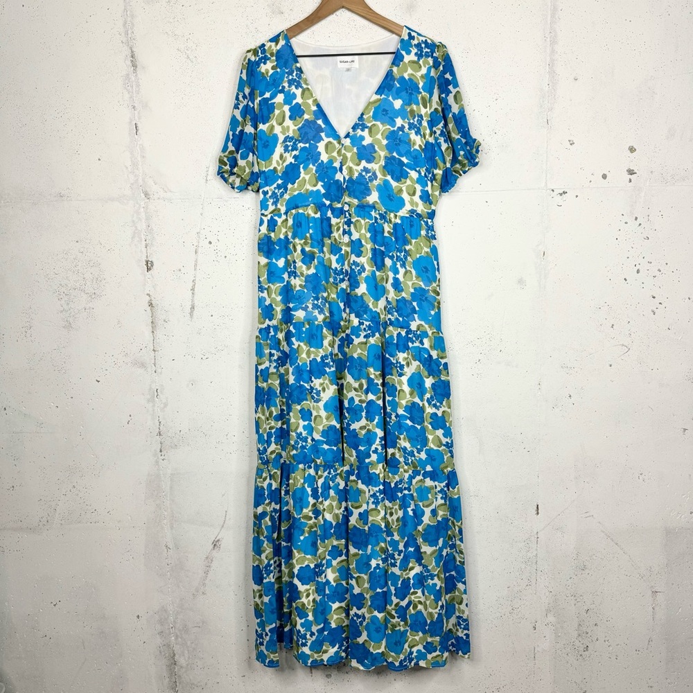 Sugar lipz Floral Midi Ruffle Tiered Hem Dress Size Large
